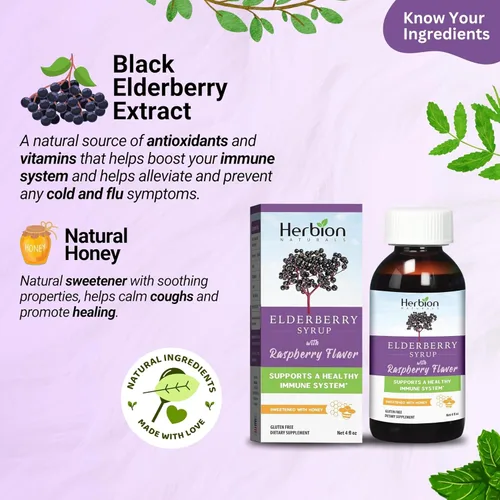 Miniatura 3 de HERBION Naturals Jarabe de saúco – Sistema inmunológico saludable para adultos y niños (1 año +) – Miel endulzado con sabor natural a frambuesa
