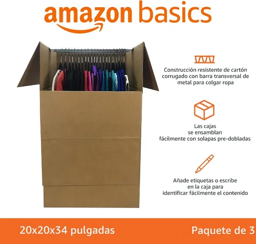 Miniatura 2 de Amazon Basics Cajas de mudanza para ropa de armario con barra, 20 x 20 x 34 pulgadas, paquete de 3 Con barra de suspensión, para empacar ropa