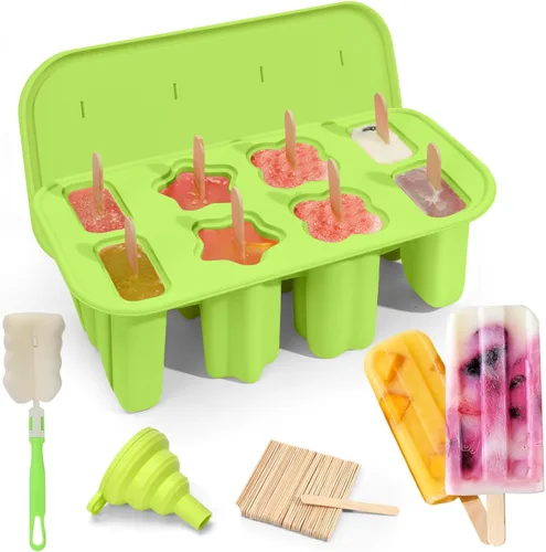 Moldes de paletas de silicona, 8 cavidades con 50 palitos, molde para hacer paletas de hielo sin BPA con embudo y cepillo de limpieza para niños,