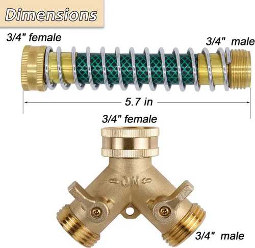 Miniatura 2 de Triumpeek Divisor de manguera de latón de 2 vías de 3/4 pulgadas, conector de manguera de jardín de latón de 2 vías con 2 protectores de resorte