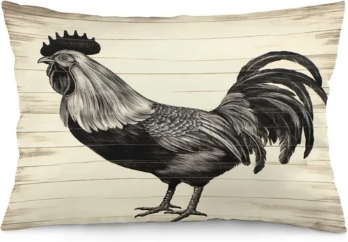 Fundas de almohada para exteriores, estilo rural, gallo, rústico, color blanco y negro, estilo vintage, gallina de granja, gallina oblonga, lumbar,