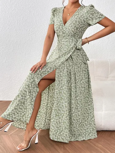 Miniatura 6 de OYOANGLE Vestido largo de manga corta con cuello en V y estampado floral bohemio para mujer