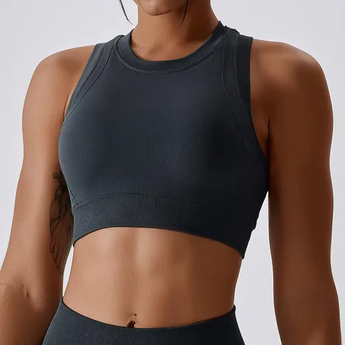 Miniatura 43 de Conjuntos de entrenamiento para mujer, 2 piezas, sin costuras, acanalada, sin mangas, brasier deportivo, cintura alta, pantalones cortos
