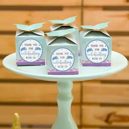 Miniatura 6 de Calcomanías de recuerdo de baby shower, 240 unidades para niño, tema de pies azules de 2 pulgadas, huella, agradecimiento por celebrar con nosotros