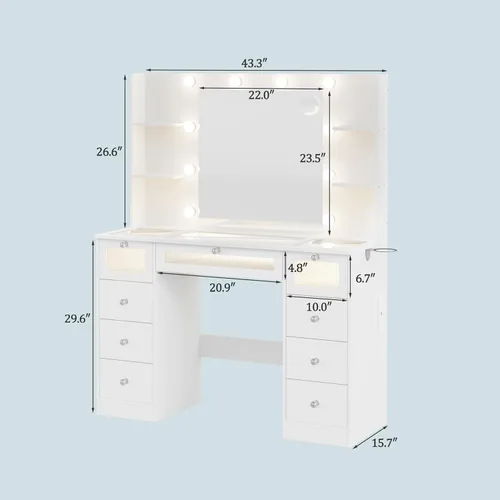 Miniatura 12 de Tocador blanco con espejo iluminado de 23.5 pulgadas, escritorio de tocador con parte superior de vidrio con 9 cajones y bombillas Hollywood de 3