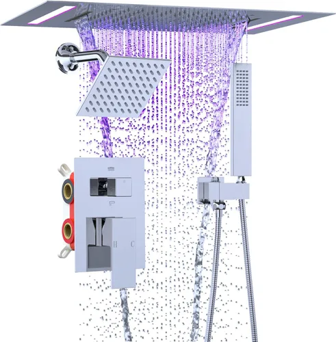 Miniatura 16 de ENGA Sistema de cabezal de ducha de lluvia doble, 2 en 1 funciones de montaje en techo, cabezal de ducha LED de 14 x 20 pulgadas con cabezal de Oro