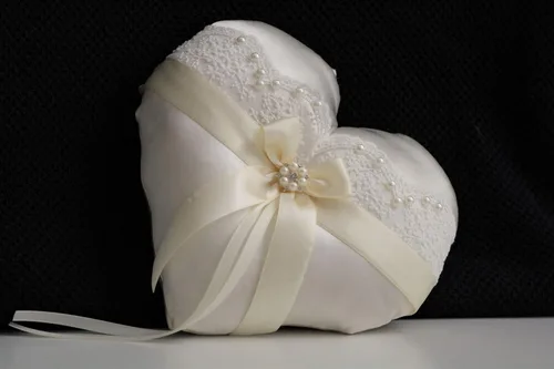 Miniatura 3 de Juego de almohada de portador de anillos de marfil y cesta de niña de flores, almohada de anillo de corazón, cesta de boda de encaje, cesta de mango