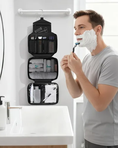 Miniatura 7 de Neceser de aseo para hombres y mujeres, bolsas de aseo grandes para viajar, bolsa de higiene compacta colgante con 4 compartimentos, bolsa de ducha