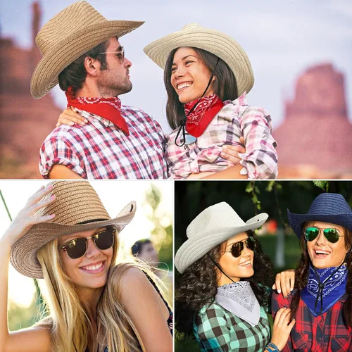 Miniatura 4 de SATINIOR - Juego de 12 sombreros de vaquero de paja y bandanas para fiesta, sombrero de vaquero para fiesta, disfraz y bandana, accesorios
