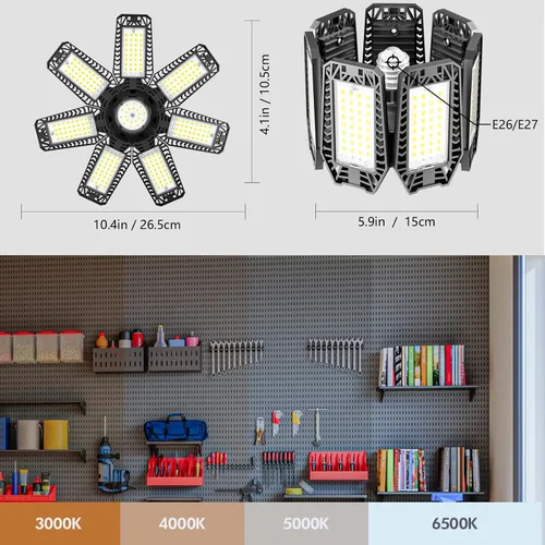 Miniatura 4 de Luz LED de garaje de 200W 20000LM 6500K, luces de techo de garaje con 7+1 paneles ajustables, luces de tienda con rosca E26 E27 para taller, sala