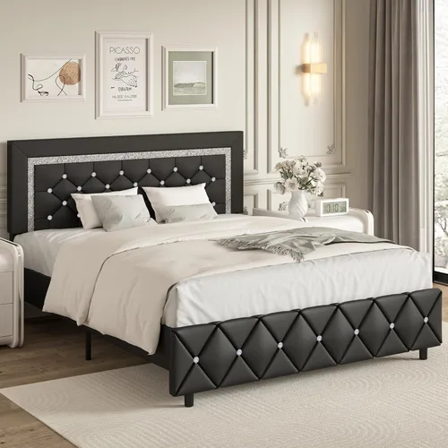 Miniatura 11 de BarnFurin Base de cama y cabecero tamaño King, cama tapizada de piel sintética con diseño capitoné de diamante, base de cama de plataforma moderna