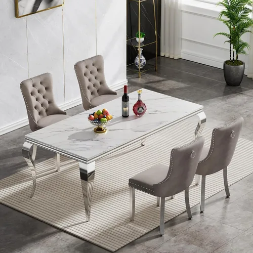 Miniatura 47 de Moderno juego de mesa de comedor de mármol sintético de 68.11 pulgadas para 6, mesa de comedor de mármol blanco y plateado con 6 sillas de Blanco