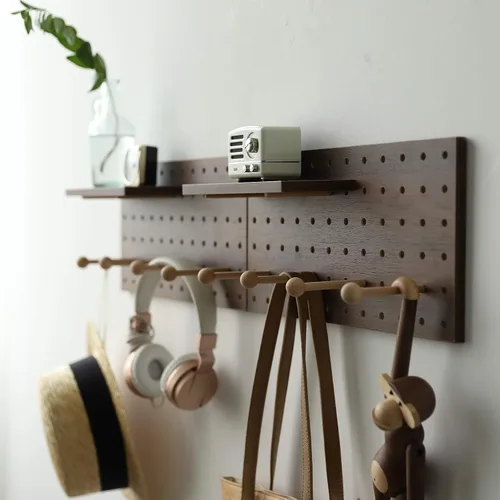 Miniatura 14 de Tablero de Clavijas de Madera Modular para Exhibición Organización Almacenamiento Ganchos de Pared Estante (Color: Roble)