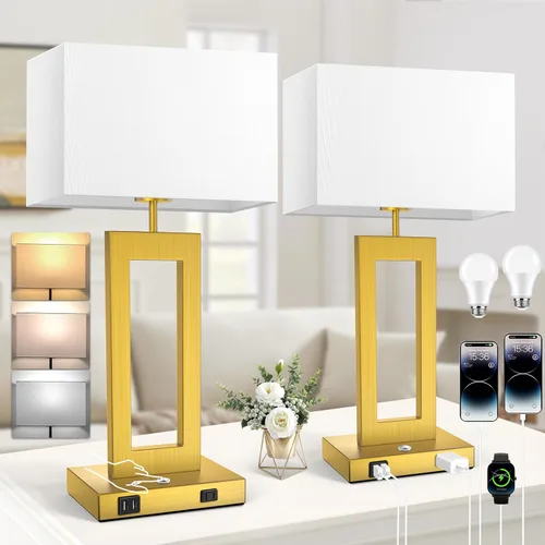Miniatura 8 de Kondras Juego de 2 lámparas de mesa para dormitorios, 3 temperaturas de color, control táctil, lámparas de noche con 2 puertos USB y salida de CA