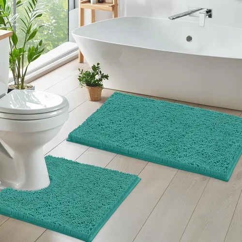 Miniatura 13 de LuxUrux Juego de 2 tapetes de baño de felpa extrasuave, material de microfibra de felpilla de 1 pulgada, color verde súper absorbente