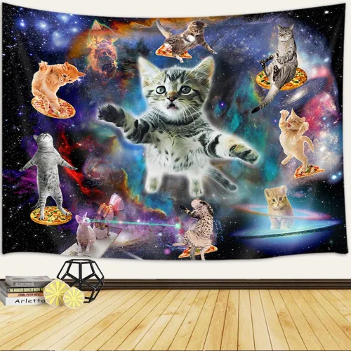 Miniatura 2 de Viajar Tapiz de gato, universo de fantasía, galaxia espacial, divertido tapiz de gato para niños y niños, decoración de pared de nebulosa y cielo