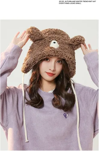 Miniatura 5 de Lindo sombrero de oreja de oso kawaii estético, gorro de invierno suave y cálido para mujer