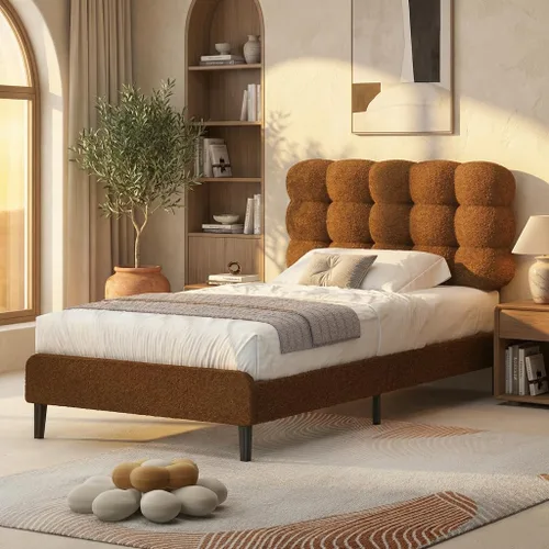 Miniatura 18 de Base de cama individual BarnFurin, cama plataforma con cabecero tapizado, base de cama de tela de bouclé suave con soporte de listones de madera