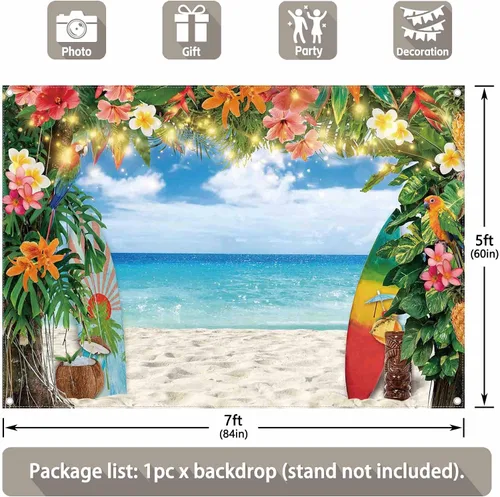 Miniatura 2 de Telón de fondo de fotografía de playa hawaiana de verano de 7 x 5 pies, flores tropicales, hojas de palma, fondo de tabla de surf, decoración