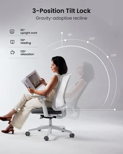 Miniatura 6 de ProtoArc Silla de oficina ergonómica – Silla de malla flexible para mujer, asiento deslizante de espuma, reclinable de 125°, sillas de escritorio