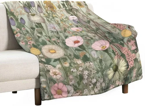 Miniatura 15 de Manta de vellón de hierbas y flores silvestres con plantas botánicas para primavera y verano, con margaritas y hojas florales, manta de franela