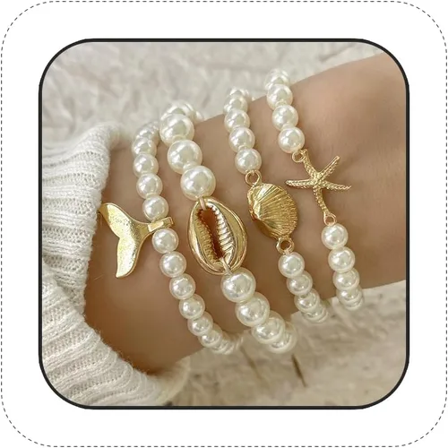 Miniatura 9 de Pulseras de perlas para mujer, pulsera de perlas de imitación con cuentas de perlas blancas, juego de pulseras elásticas apilables, pulseras