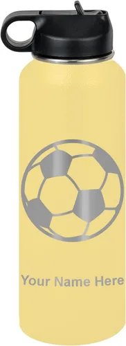 Miniatura 72 de LaserGram Botella de agua personalizada, pelota de fútbol, acero inoxidable de doble pared aislada al vacío con popote superior, regalo grabado