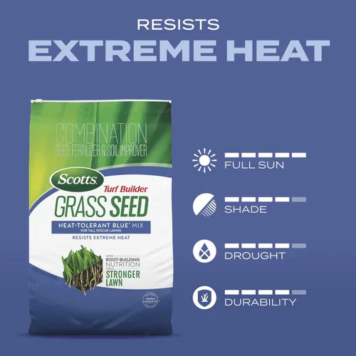 Miniatura 8 de Scotts Turf Builder Semillas de césped resistentes al calor, variedad Blue Mix para céspedes de festuca alta con fertilizante y mejorador de suelo