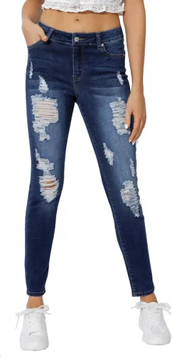 Jouica Jeans elásticos ajustados y rasgados para mujer, jeans clásicos con agujeros destruidos
