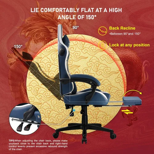 Miniatura 6 de GTPLAYER Silla de juegos con altavoces Bluetooth y reposapiés, silla de videojuegos de la serie Dragon, resistente, ergonómica, silla de oficina Azul