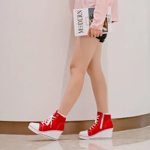 Miniatura 7 de Hurriman Wedge Sneakers for Women, High Heel Platform High Top Canvas Shoes Lace up Zipper Fashion Sneakers, Tenis Zapatos de Cuña Plataforma Tacón