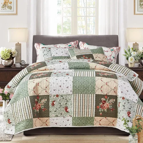 Juego de edredones de retazos tamaño Queen – Juego de edredón floral de 3 piezas de microfibra a cuadros verdes y blancos con estilo de flores rosas
