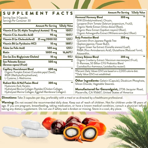 Miniatura 6 de Saw Palmetto para la pérdida de cabello de las mujeres, bloqueador DHT con mezcla 5 en 1 para el crecimiento del cabello, la piel y las uñas