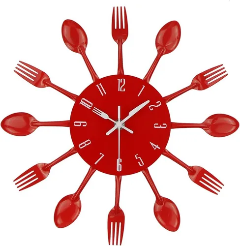 Miniatura 8 de Timelike Reloj de pared de cocina, 3D extraíble, moderno, creativo, cubiertos, cuchara, tenedor, reloj de pared, espejo, calcomanía de pared, Blanco