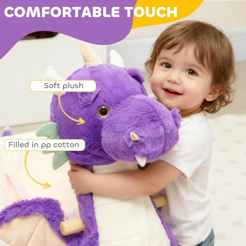 Miniatura 4 de Qaba Caballo mecedor para bebé, juguete de dragón para montar para niños con rugido de dragón realista y cinturón de seguridad, balancín de animales