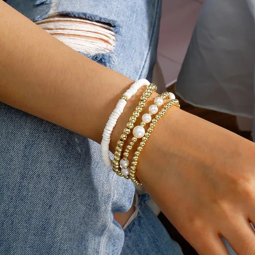 Miniatura 4 de Pulsera de cuentas de oro para mujer, apilable, chapada en perlas, juego de pulseras elásticas para mujer, a la moda