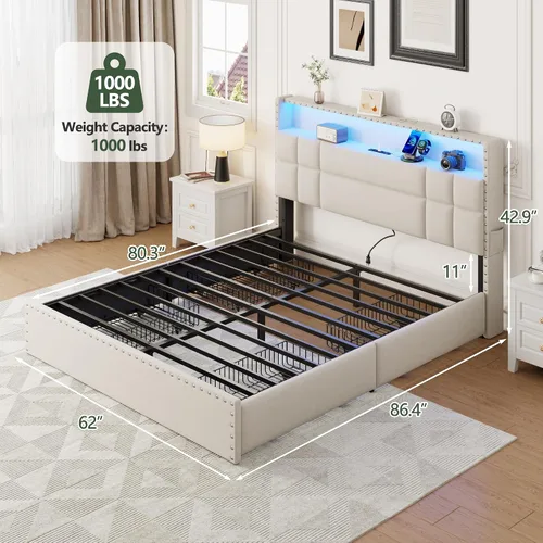 Miniatura 2 de OURPIC Base de cama Queen con 4 cajones de almacenamiento y cabecero, base de cama tapizada tamaño Queen con estación de carga y luces LED,