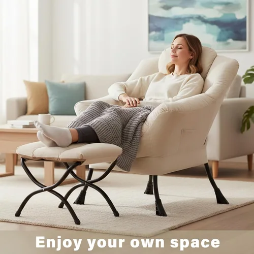 Miniatura 2 de Silla perezosa con otomana, silla de descanso moderna y grande con reposabrazos y bolsillo lateral, sillón tapizado de ocio con silla de lectura