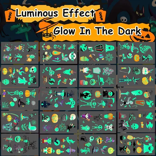 Miniatura 3 de 170 estilos que brillan en la oscuridad tatuajes de Halloween para niños, tatuajes temporales, calcomanías luminosas para niños y niñas, calabaza