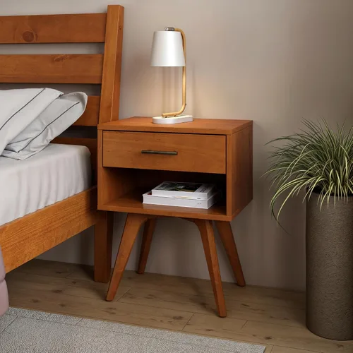 Miniatura 5 de Mesita de noche moderna de mediados de siglo con un cajón/construida de madera maciza/acabado castañón