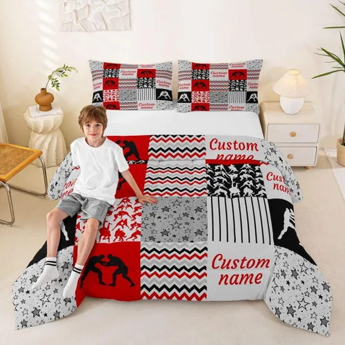 Miniatura 68 de Juego de edredón de softbol personalizado, juego de ropa de cama de retazos a cuadros para niños y niños, edredón de bate de béisbol, juego