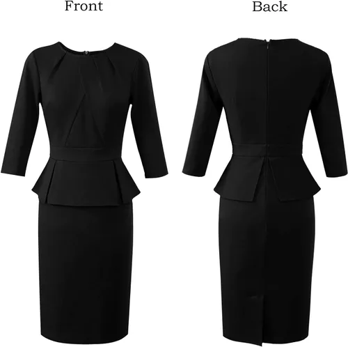 Miniatura 4 de VFSHOW - Vestido ajustado con cuello redondo plisado para mujer, de trabajo y oficina