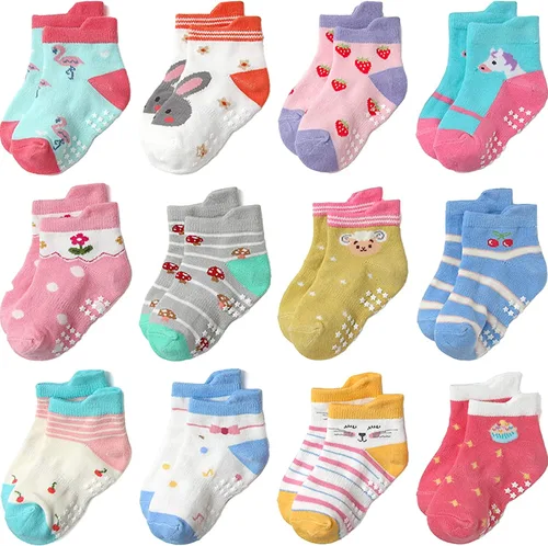 Miniatura 31 de Calcetines antideslizantes con agarre para tobillos, paquete de 12 unidades para niños pequeños, niños y niñas, lindos calcetines de algodón