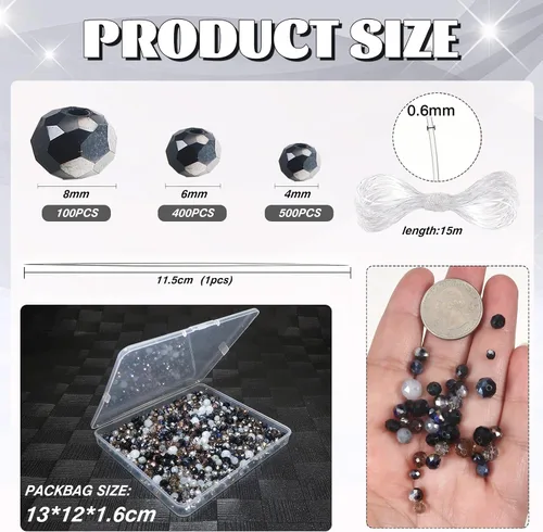 Miniatura 2 de TOAOB - 1000 cuentas de cristal Briolette de 0.157 in, 0.236 in, 0.315 in, cuentas espaciadoras facetadas Rondelle, cuentas sueltas negras