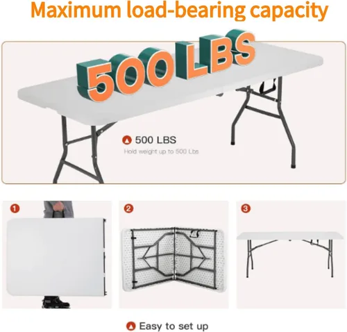 Miniatura 3 de Mesa plegable – Mesa de plástico de 6 pies con asa y cerradura, mesa plegable portátil para camping, comedor, fiesta, ligera, para interiores