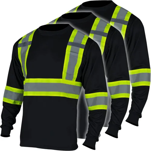 FONIRRA Paquete de 3 camisetas de seguridad de manga larga reflectantes de alta visibilidad, camisas de trabajo de construcción ANSI Clase 3 para