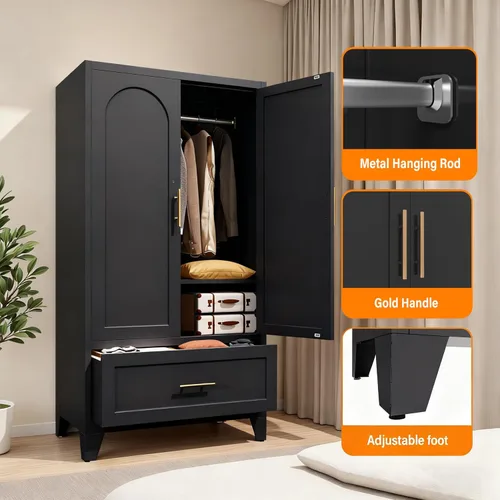 Miniatura 3 de Armario Ropero de Metal de 60" con 1 Cajón, Closet Alto Independiente Arqueado de 2 Puertas para Almacenamiento de Ropa con Estantes Ajustables