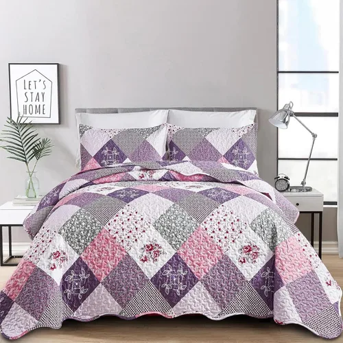 Miniatura 16 de Dinjoy Juego de edredón floral a cuadros de retazos tamaño California King, juego de ropa de cama reversible marrón de microfibra suave, colcha