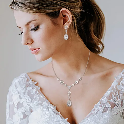 Miniatura 2 de EleQueen Teardrop Bridal Jewelry Set for Wedding, Costume Prom Cubic Zirconia Necklace Earrings for Bride Bridesmaids