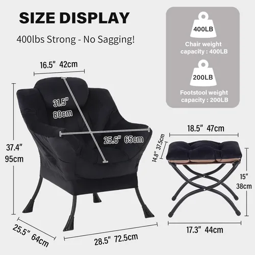 Miniatura 2 de Tiita - Silla perezosa con otomana, moderna y grande, sillón de ocio con reposabrazos y bolsillo lateral, silla de sofá de lectura cómoda con Negro